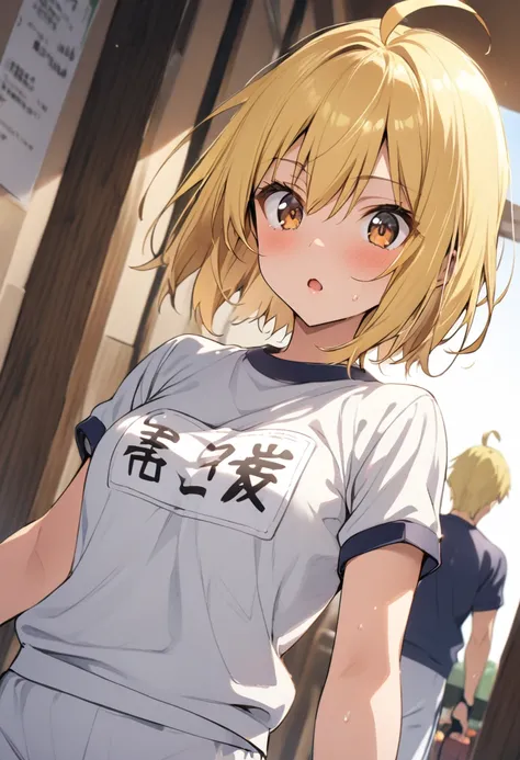 Best Quality、Lower Angle、One Girl、Gym clothes、Yellow Hair、Short Hair、Ahoge、Brown eyes、