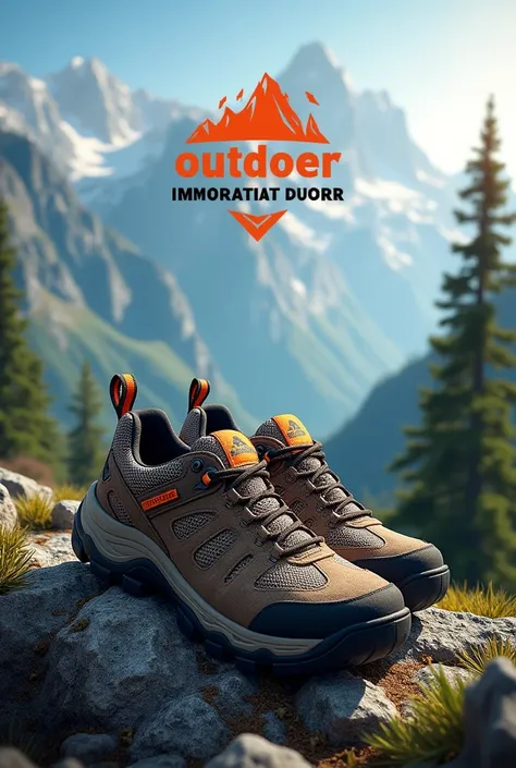 Creat a poster of trekking shoes with logo and tag line 