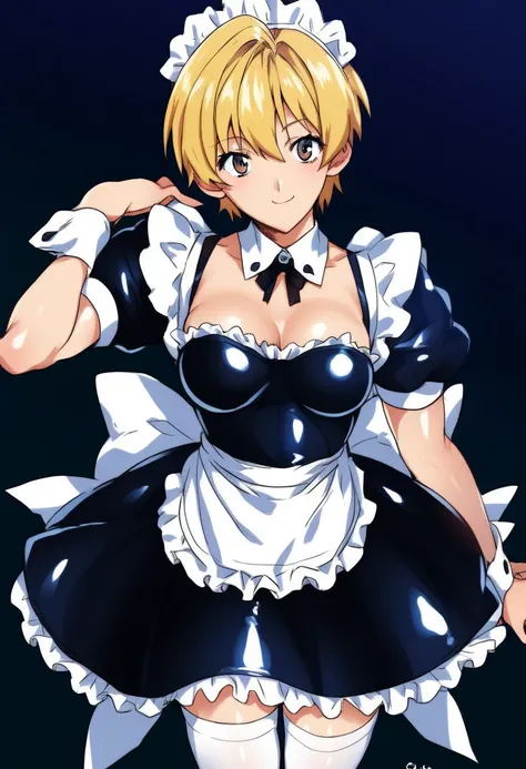 score_9, score_8_up, score_7_up, source_anime, rating:general, masterpiece, best quality, 1girl, leaning forward, smile, bangs, breasts, maid headdress, maid, frills, latex dress, shinny, black dress, detached collar, puffy short sleeves, wrist cuffs, apro...