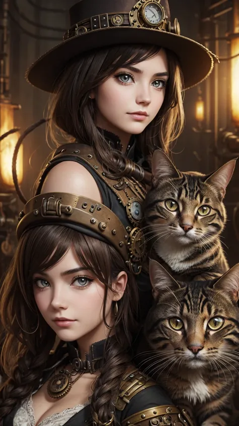 A Steampunk girl with a cat, background, macro focus on face. 