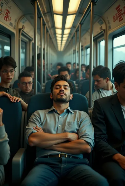 "A man is sitting and sleeping in the middle of a crowd inside a train."

