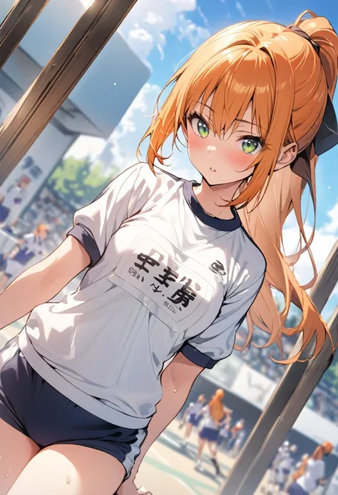 Best Quality、Lower Angle、One Girl、Gym clothes、Orange Hair、ponytail、Green Eyes