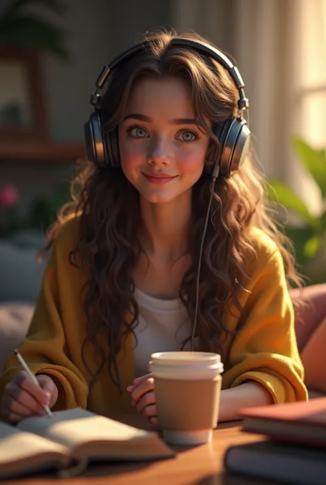 Create an image of a young girl wearing stylish over-ear headphones. She has long, wavy hair cascading down her shoulders, and her face is serene and relaxed, with a slight smile. Shes sitting in a cozy room with soft lighting, surrounded by books and a cu...