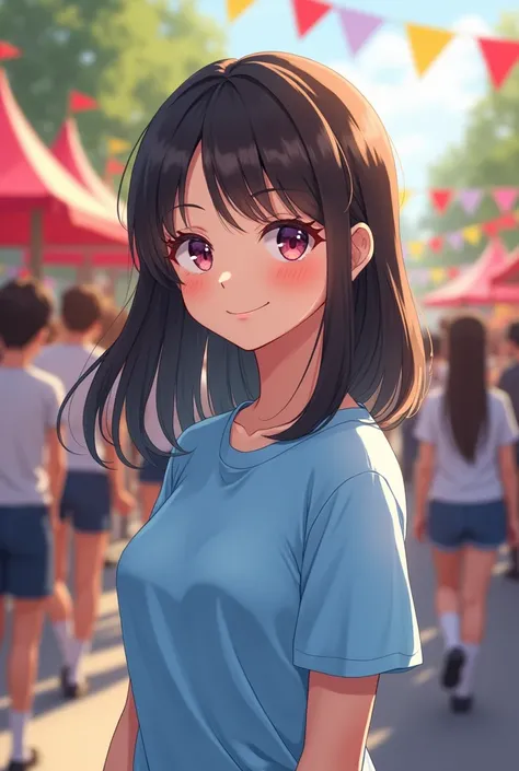 A 165cm tall, D-cup high school girl in her second year of high school wearing a light blue T-shirt at the cultural festival.