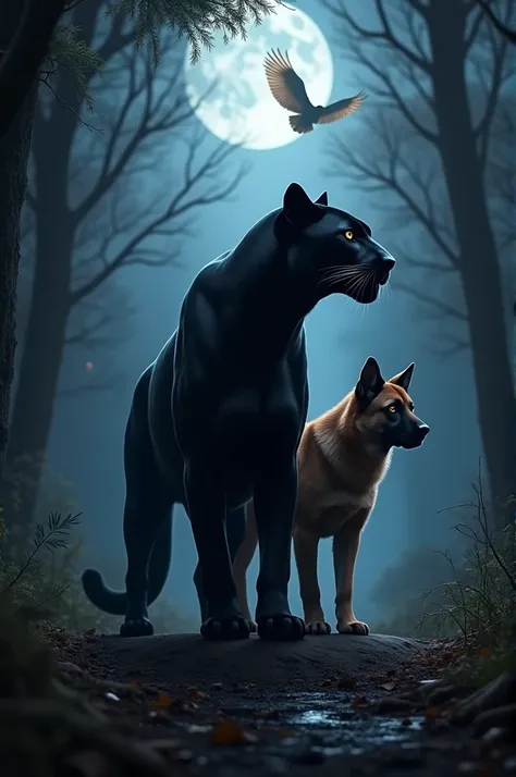 Black Panther and German Shepherd dog in One Frame night forest background