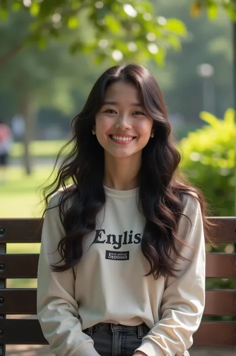 A beautiful Indonesian woman with long hair, smile happily, wearing a long-sleeved shirt with the words "English"
Sitting on a beautiful park bench 