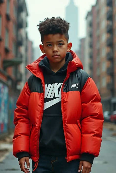 Un jeune garçon de la cité avec une doudoune Nike et un blowout taper avec cheveux texture
