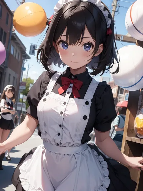 A girl wearing a maid outfit is juggling a lot of balls