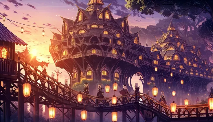 City of Dark Elves, tree houses, dark angular scenery and houses, Lanterns, magical structures, beautiful sunset