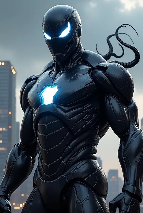 "Create a new hero that combines elements of Venom and Iron Man. The suit should feature Iron Mans futuristic, high-tech armor, but with the black, slimy texture of the Venom symbiote. The helmet should be sleek, with eyes that glow menacingly, reminis cen...