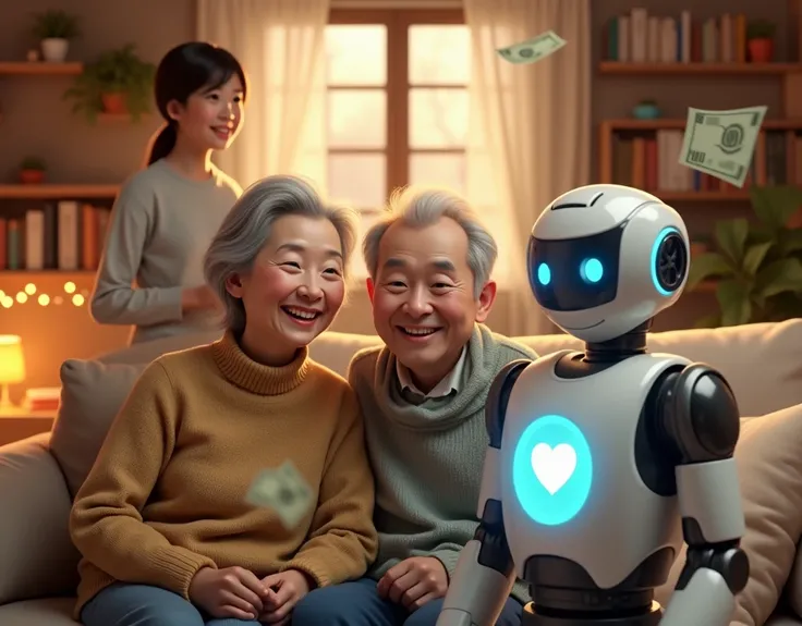 A cozy, warm-lit living room featuring a happy elderly Japanese couple sitting on a sofa, looking directly at the camera and smiling. They are both wearing cozy sweaters, and the room is decorated with bookshelves, soft lighting, and a string of fairy ligh...