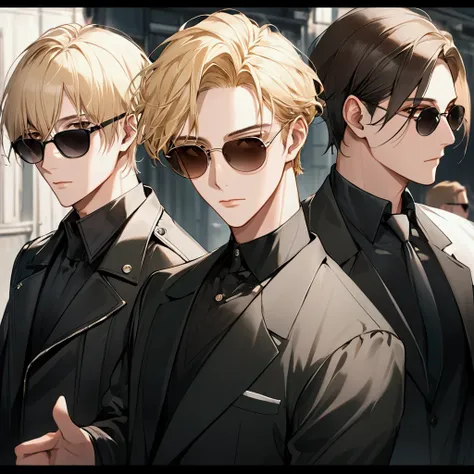 Group photo of 4 friends, a man with short blonde hair wearing black sunglasses, a man with long blonde hair wearing black sunglasses, a man with short brown hair wearing black sunglasses, a man with short white hair wearing black sunglasses 