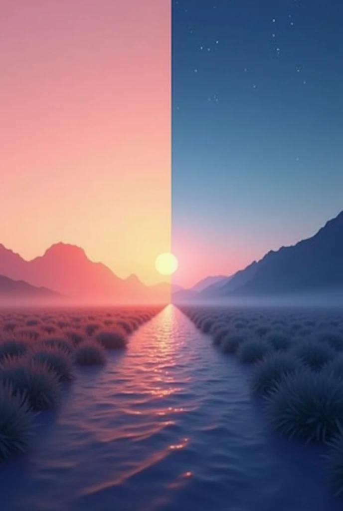 Generate a youtube thumbnail background imgae referring this image background and islt should be aesthetic and half morning and half night background and make it minimalistic make background more simple and plain and dont add any elements make the image la...