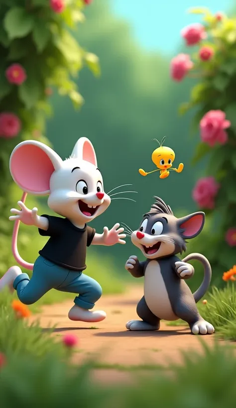 The white mouse black t.shrt blue pant skillfully dodges as Sylvester lunges at him. The white mouse uses a quick somersault to evade landing gracefully while preparing to counterattack The vibrant green garden surrounds them with the yellow tweety bird ch...