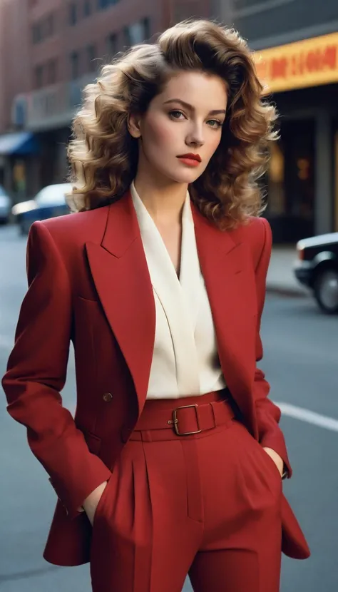 "A strikingly beautiful woman wearing a tailored power suit typical of the 1980s fashion scene. Her suit is sharp, with broad shoulder pads and a fitted waist, featuring a rich, vibrant color like royal blue or deep red, paired with sleek high-waisted trou...