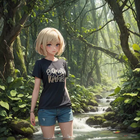 A cute girl with short hair, wearing a cream-colored T-shirt and blue shorts, standing in a stream, a mysterious forest, vines, dim light.