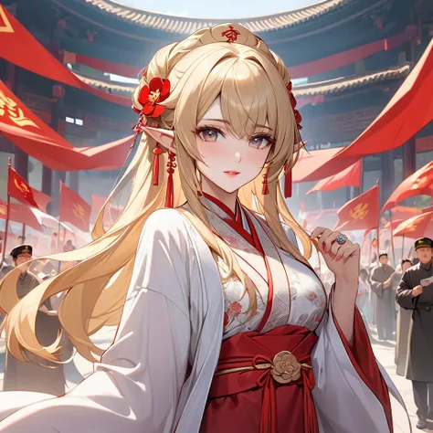 ((Best Quality)), ((masterpiece)), (detailed), （Perfect Face）、The woman is Seras Ashlain, a high elf with medium-long blonde hair, dressed in a gorgeous and dazzling Communist Party of China Hanfu, adorned with luxurious jewelry and an engagement ring.、A w...