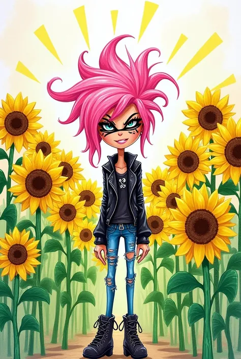 Punk chick with a pink mane in the middle of a field of sunflowers in an elementary school kid drawing style 