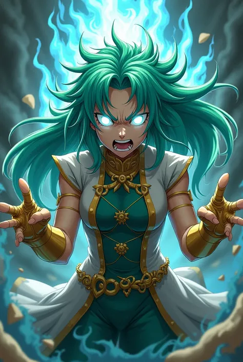 A man with long green hair light white eyes anime dress golden glubs wack ground blue fire anime carecter angry 