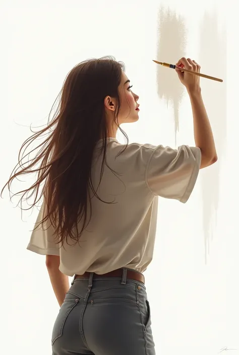 [Semi realistic] A girl holding a brush above head. Facing back from the screen. Making painting. Wearing a shirt. Background is white. Hair is long.