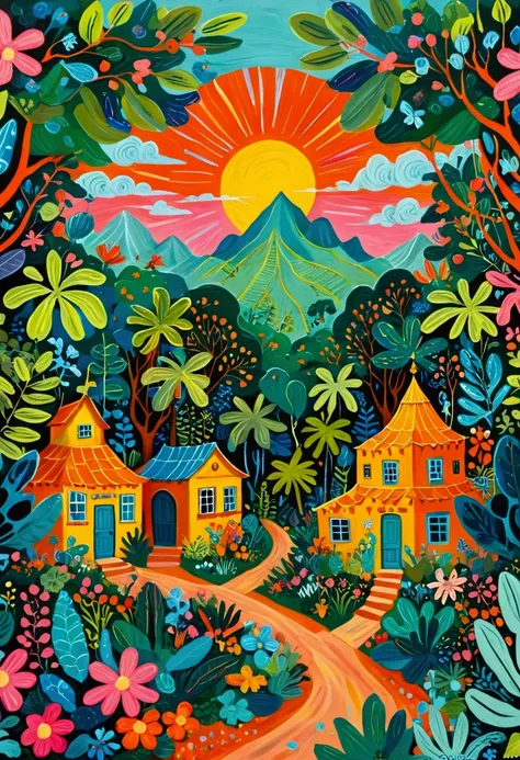 a painting of a colorful city surrounded by trees and plants, jane newland, colorful illustration, beautifully illustrated, colo...