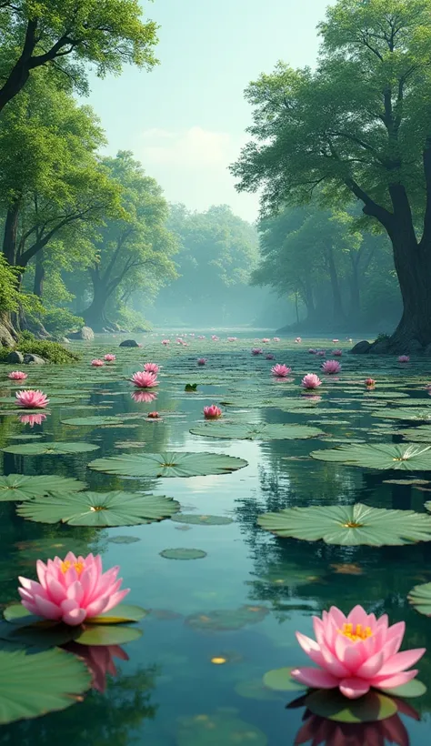 There is a lake in the lake there are many Lotus flower and there are some tree around the lake make it realistic and beautiful 