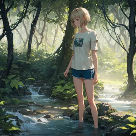 A cute girl with short hair, wearing a cream-colored T-shirt and blue shorts, standing in a stream, a mysterious forest, vines, dim light.