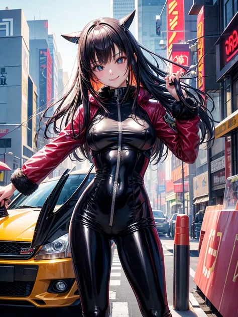 Best Quality，8k，Female junior high school student，Colorful latex suits，Bodysuits，smile，Driving a car，Full Body Shot，She has her bangs down，ＳＦ，Straight Hair，Fur jacket，Colorful，Leather pants，perfectionにまっすぐな髪型，Smooth hair，beautiful girl，Cyberpunk Girl，Naugh...