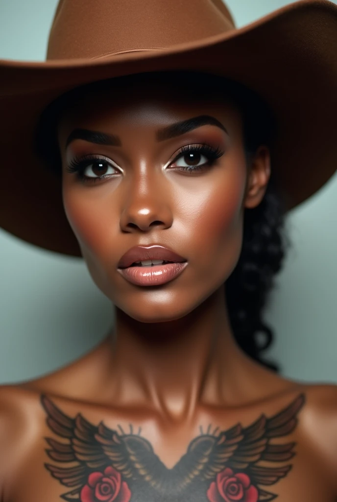 A gorgeous brown skin girl, wearing a cowboy hat, face portrait photo, glossy lips, beautiful eyelashes, beautiful makeup, full tattoo on neck, portrait photo 