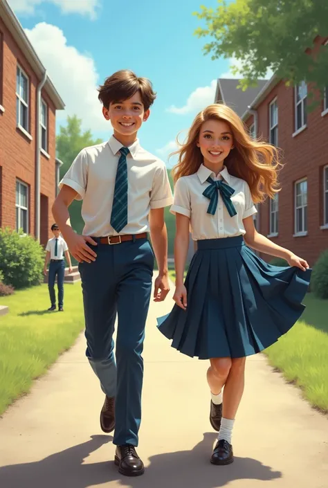 A boy in a girls&#39; school uniform and a girl in a boys&#39; school uniform 