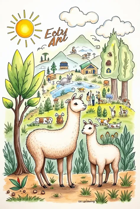 
"Make a handwritten drawing featuring llamas or alpacas in a vibrant, healthy ecosystem. Include elements of climate action, such as people planting trees and installing solar panels, with camelids nearby. Incorporate a collage of various endangered anima...