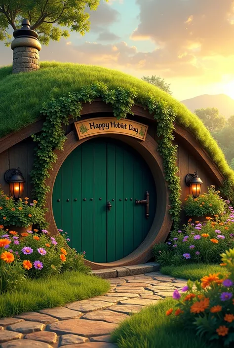 An enchanting scene of a cozy Hobbit hole nestled into the green hillside, with a round wooden door in shades of dark green. Above the door, colorful flowers and ivy grow. The setting sun casts a golden glow over the peaceful countryside. Smoke curls up fr...