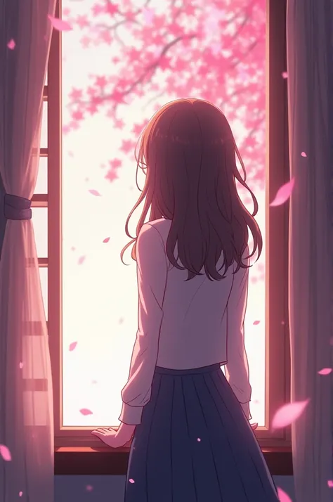 ((Create a image of the girl looking out the window, her hair gently falling on her shoulders, light hitting her softly from the window behind. Surrounding her, maybe a hint of cherry blossoms,flowers or leaves in anime