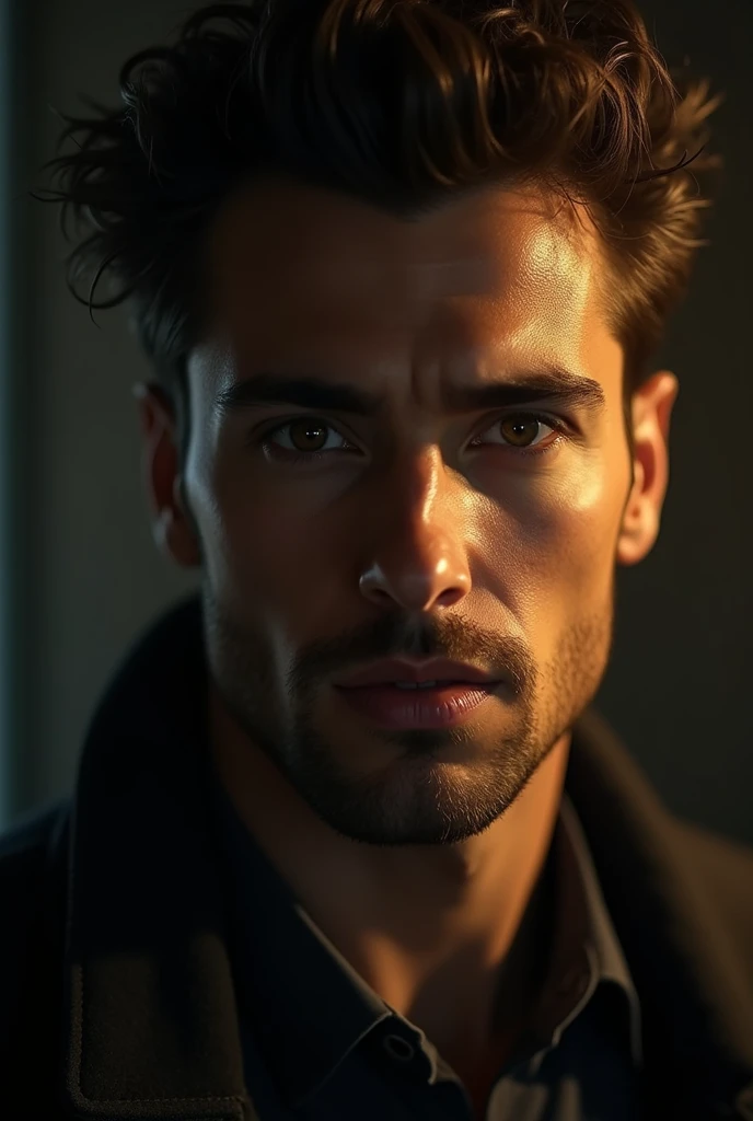 realistic portrait of a handsome man, 1 man, beautiful detailed eyes, beautiful detailed lips, extremely detailed face and skin, high quality, cinematic lighting, dramatic shadows, subtle warm color tones, photorealistic, intricate details, masterpiece