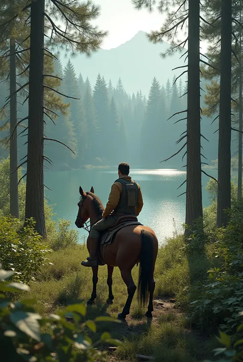 A man sitting in forest at height surrounding with shurbs and long trees also sitting at horse and seeing lake 
