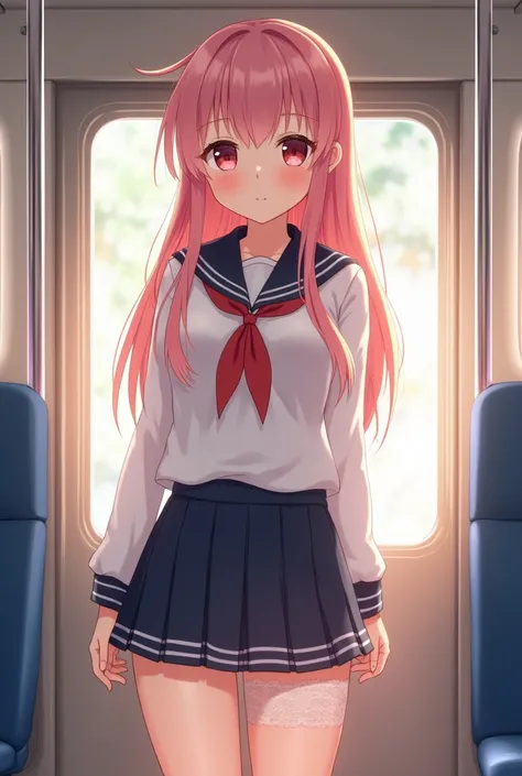 Highest quality、High resolution、8k、Realistic、Bright lighting、Morning light、high school girl、cute、(Big Breasts)、Face Light、(in the train)、((Holding on to the straps:1.3))、(Are standing)、Long pink hair with bangs、sleepy、Droopy eyes、(Looking at the audience:1...