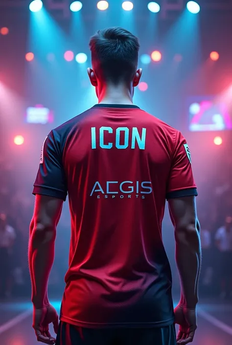 A man wearing jersy named ICON  on back side with AEGIS ESPORTS. NAME NEED  TO SEE THE NAMES FROM BACKSIDE AEGIS ESPORTS ALSO