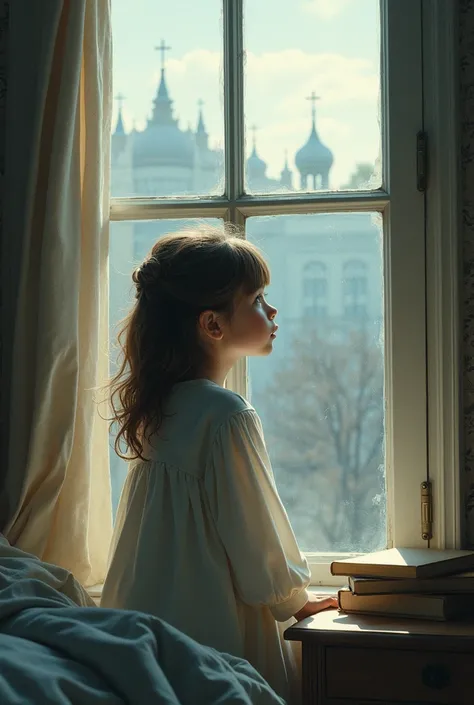 a girl looking outside of a window

