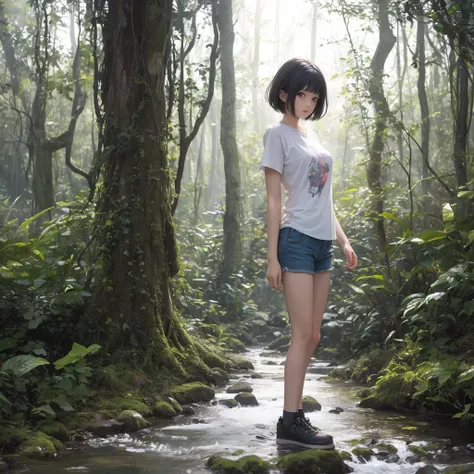 A cute girl with short hair, wearing a cream-colored T-shirt and blue shorts, standing in a stream, a mysterious forest, vines, dim light.