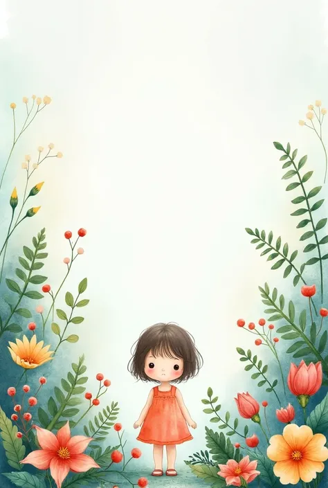 ((super detailed), #3b4195 background, beautiful flowers, berries, ferns, leaves, watercolor pattern of calming colors), (watercolor texture), ((1 girl), short hair, cute,