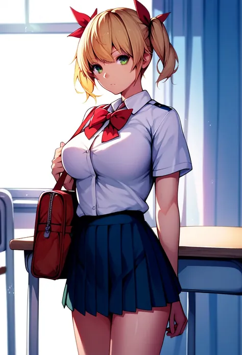 rating_questionable, 1girl, solo, standing, school uniform, blonde hair, short twintails, hair ribbon, green eyes, large breasts 