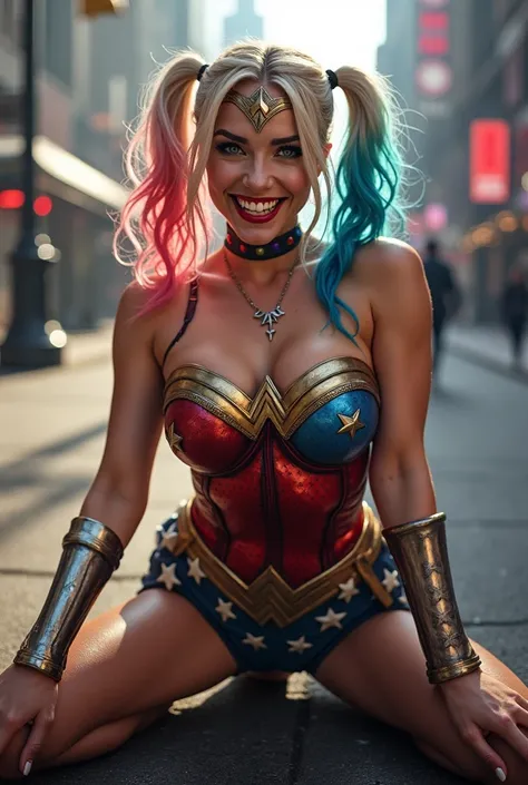 Spread your legs  ,Create a super realistic look of a busty Harley Quinn. ,smile showing teeth, Wearing a wonderwoman costume,. Her playful and mischievous expression contrasts with the iconic red and blue wonderwoman costume.,, her outfit should suit her ...