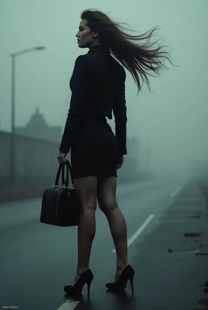 A crouch down womans back shot, jacket, tight skirt, high heels, handbag, long hair sways in the gentle breeze, 