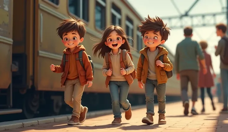 Two boys,A girl,Take the train, Lots of lowercase letters, Carrying a school bag, Happy, Perfect quality, Clear focus 