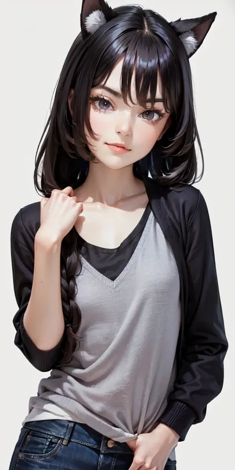 very young slim fit girl, full height, rounded face, very short disheveled dark blue hair, big yellow eyes, shy smile, perfect flat breast, band on head with fake cat ears, look at you, (ahoge:1.2), megane, (white wall, simple scene, white backgrounds, cle...