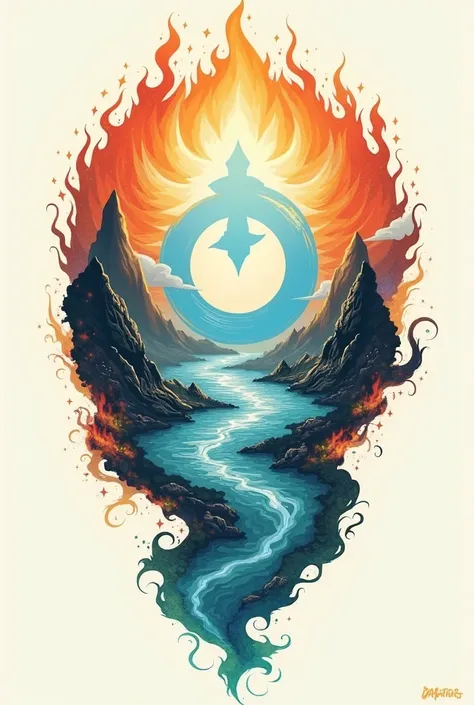 Avatar the Last Airbender tattoo design;
center: Aang&#39;s symbol (the air) In the middle, in a light blue tone.
Water: Waves in a vibrant blue to one side, with white details.
land: Mountains or rocks in brown and green tones, with shadows to give it dep...