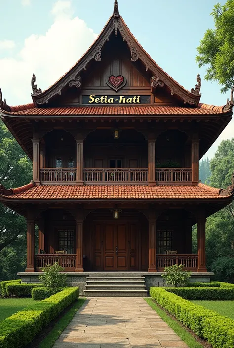 "A large wooden house located in Madiun, East Java, in the year 1903. The house is made from sturdy teak wood, with a brown tiled roof made of clay. Above the main door, a sign with the words SETIA HATI is clearly displayed. The house has an expansive yard...