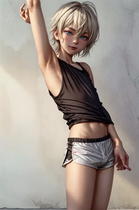 Anime style, Highres, Masterpiece, Best quality at best, Best Quality, hight quality, hight detailed, 1boy, blonde boy, boy body, cute boy, femboy, female physiognomy, detailed light blue eyes, short hair, messy hair, bangs, pastel rainbow inner hair color...