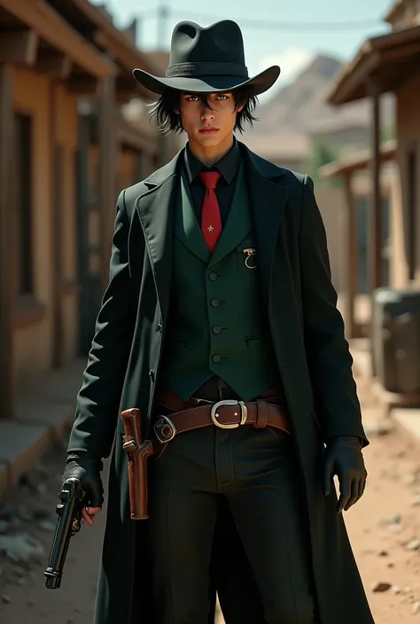 8k, solo, solo focus, 1 young black-haired man, dark green vest, serious look, 1 man, green eyes, full body shot, cowboy bounty hunter on a modern setting, cowboy shot, black hat, black shirt, red necktie, long black coat, fingerless gloves, black pants, b...