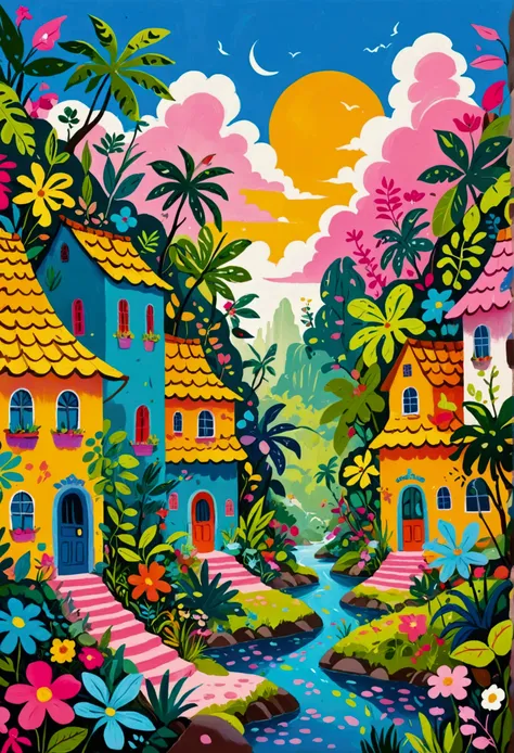 a painting of a colorful city surrounded by trees and plants, jane newland, colorful illustration, beautifully illustrated, colo...